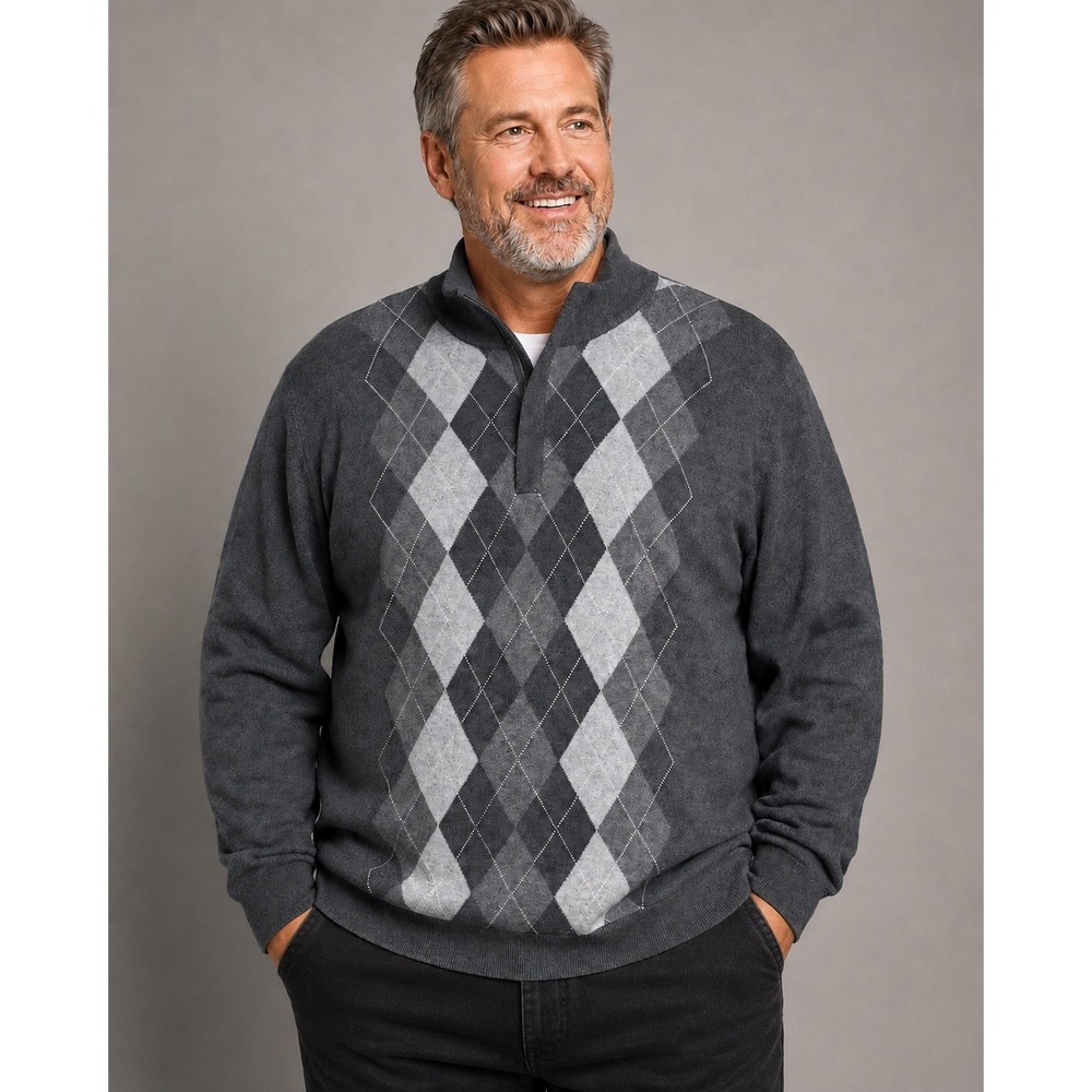 Oak Hill Quarter Zip Sweater 2XLT Big Tall Gray Argyle Cotton Mock Neck Pullover